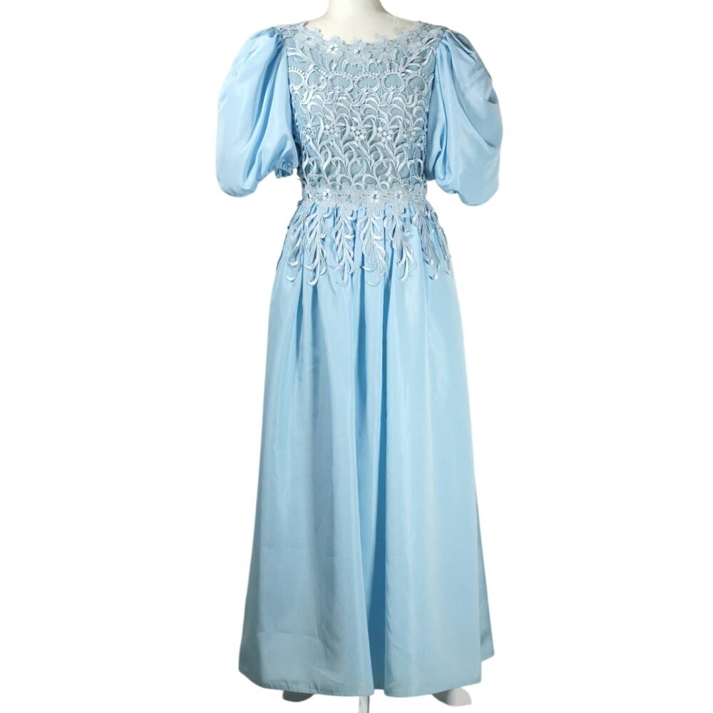 VTG 1980s Victor Costa for Neiman-Marcus Blue Puff Sleeve Lace Overlay Dress 10